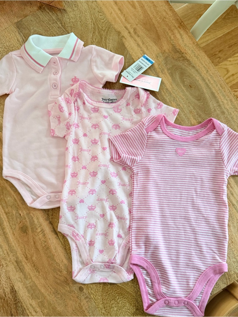 Juicy Couture Baby Pink One-Piece Bodysuit Trio - Light & Hot Pink Mix